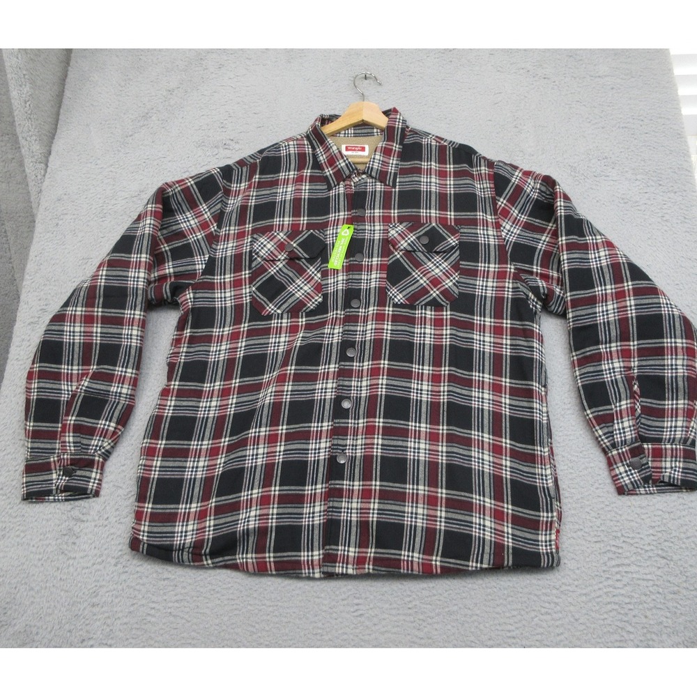 Wrangler Sherpa Lined Flannel Shirt Jacket Men XL Black Red Plaid Snap Shacket